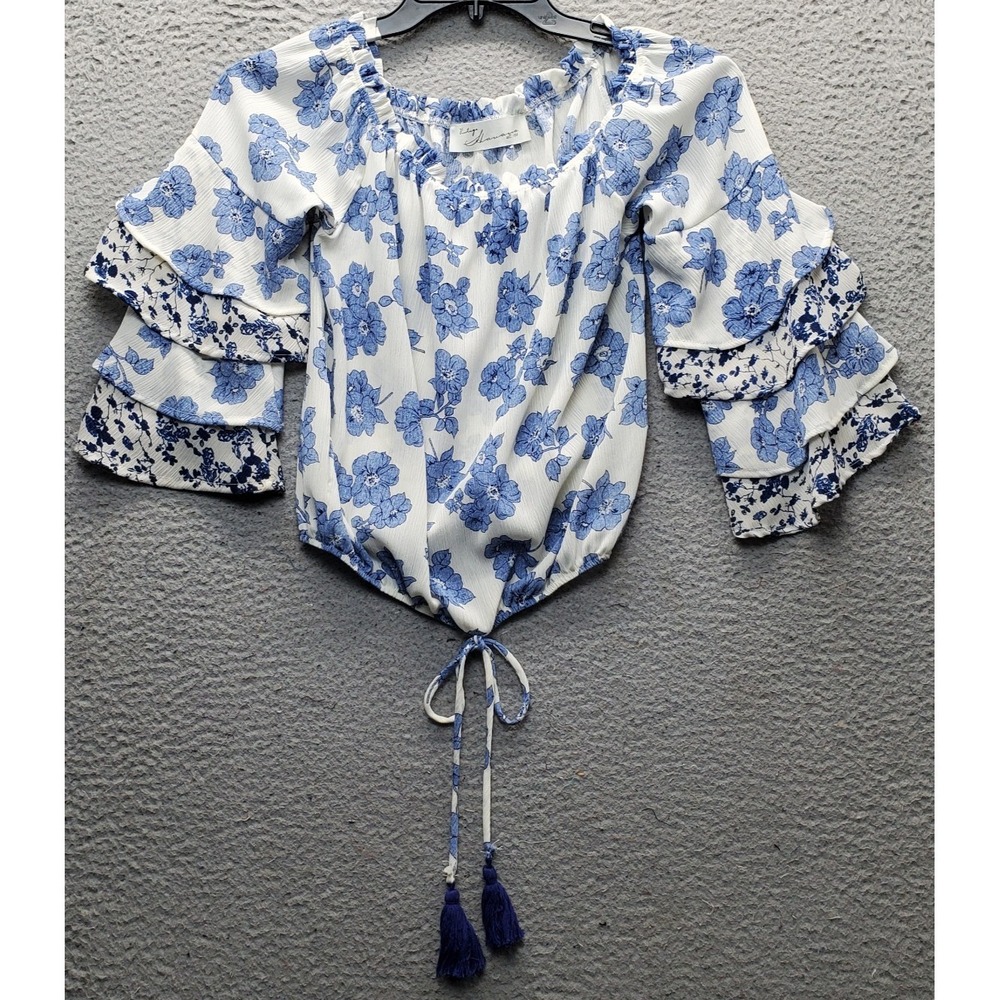 Vintage Havana Blouse Top Women Small Multi Floral Pleated Tiered Sleeve Tie Hem